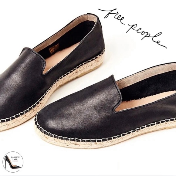 Free People Laurel Canyon Black Leather Espadrille Designer Flat Loafers 40 - Picture 2 of 7